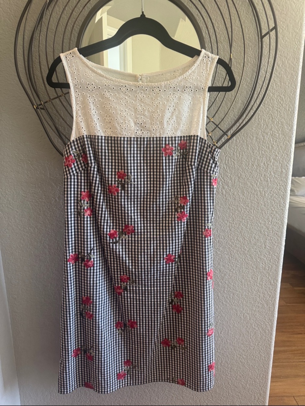 White Eyelet & Black Gingham Dress with Pink Floral Embroidery